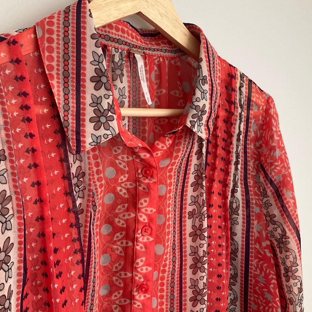 Free People SP Sheer Coral-Red Multi Pattern Button-Up  Tunic Blouse - Picture 3 of 9